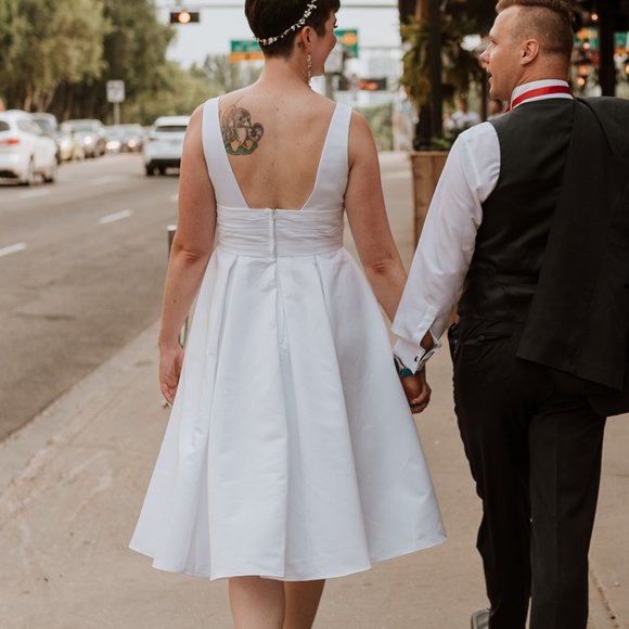 Satin V-neck Tea Length A-line White Wedding Dress - Picture 3 of 3